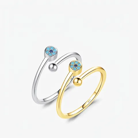 Evil Eye Open Adjustable Ring 925 Sterling Silver Blue Zircon Minimalist Geometric Jewelry Gift For Women