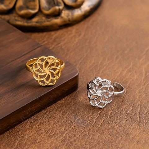 Minimalist Hollow Flower Geometric Ring Titanium Steel Layered Texture Adjustable Open Design For Women