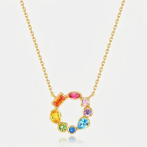 Collana Con Pendente Rotondo In Zircone Arcobaleno Argento Sterling 925 Placcato Oro 10K Gioielli Colorati Da Donna Regalo Elegante