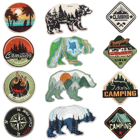 Toppe Ricamate Termoadesive Campeggio All Aperto Avventura Orso Montagne DIY Abbigliamento Zaino Applique Decorative