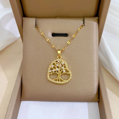 Collar Colgante Corazón Árbol De La Vida Chapado En Oro Cadena Acero Inoxidable Cobre Circón Joyería Elegante Mujer