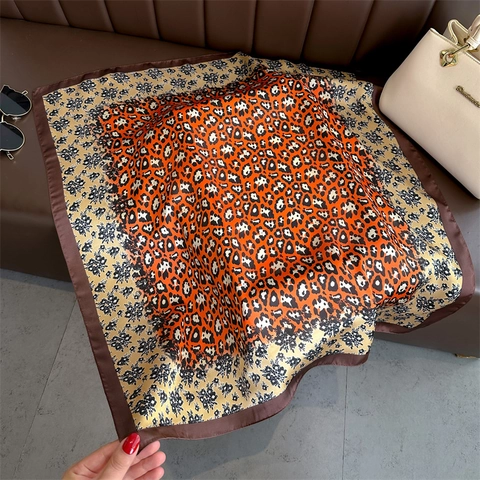 Leopard Floral Patchwork Square Scarf Faux Satin Lightweight Elegant Neck Head Wrap Fashion Accessory For Women