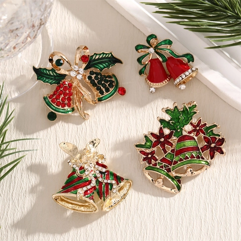 Broche De Navidad Esmalte Aleación Rhinestone Campana Bastón De Caramelo Lazo Joyería Festiva Insignia Para Ropa