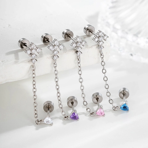 Orecchini Piercing Cartilagine Cuore Croce Zirconia Cubica Acciaio Titanio Catena Doppio Foro Gioielli Donna