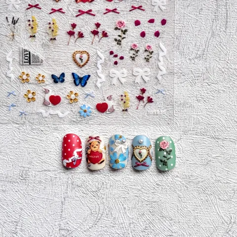 Nail Art Stickers 5D Embossed Self-Adhesive Vintage Bear Gothic Letters Floral Bow Retro Manicure Decals For Women