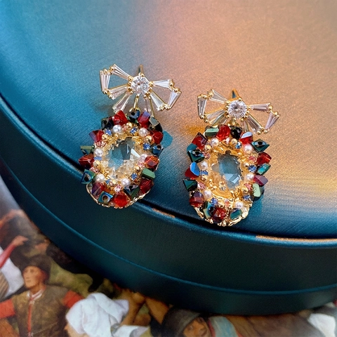 Bow Knot Oval Drop Earrings With Multi-color Zircon Crystal Faux Artificial Pearl And 925 Sterling Silver Earring Post