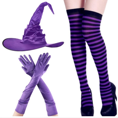 Halloween Heks Kostuum Accessoires Met Satijnen Geplooide Hoed En Lange Handschoenen En Gestreepte Kniekousen Cosplay Party