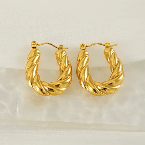 Boucles D'oreilles Créoles En Forme De U En Acier Inoxydable Plqué Or Motif Spirale Torsadé Rétro Style INS Élégant Pour Femmes