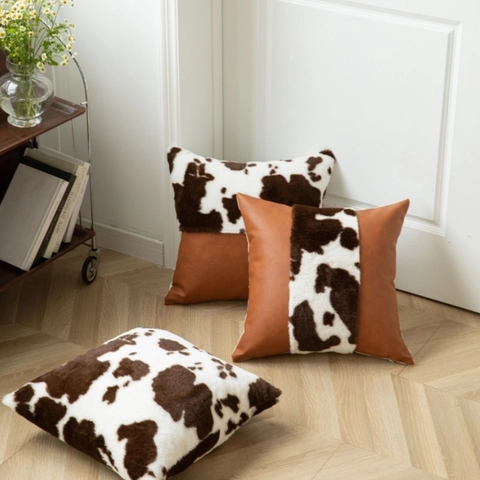 Dekorativer Kissenbezug Kuhmuster Kunstfell Und PU Leder Patchwork Kissenhülle Für Sofa Couch Schlafzimmer Dekor