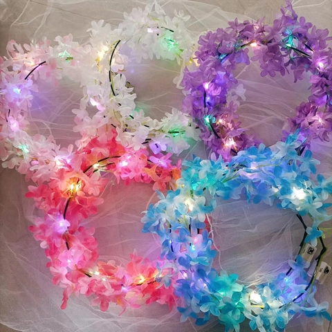 LED Luminous Flower Garland Headband Fabric Satin Floral Colorful Glowing Lights For Party Photography Fairy Forest Style