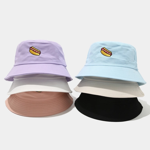 Cotton Bucket Hat With Hot Dog Embroidery For Men And Women Casual Summer Sun Protection Fisherman Hat Outdoor Streetwear