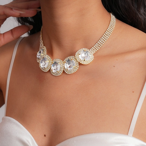 Collana Girocollo Esagerata Con Strass Rotondi Trasparenti E Catena In Rame Per Donna Accessorio Di Moda Di Lusso
