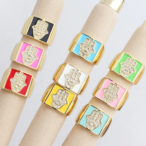 Hamsa Hand Böses Auge Offener Ring Kupfer Vergoldet Quadratisch Emaille Zirkonia Verstellbar Boho Retro Schmuck