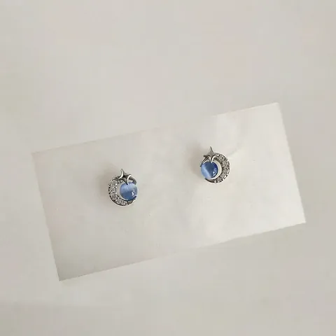 Boucles d'oreilles Clous Lune Étoile en Pierre Œil de Chat en Verre pour Femmes Cuivre Strass Micro-incrusté Mini Bijoux