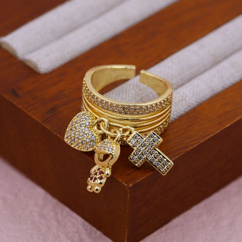 Gold Plated Copper Ring With Cubic Zirconia Heart Cross Boy Girl Charms Adjustable Open Multi Layer Ring For Women