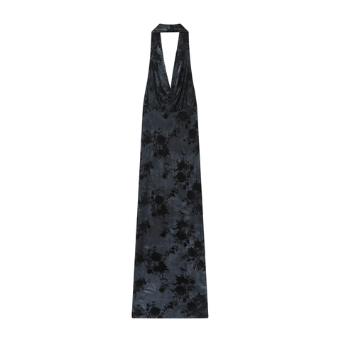 Elegantes Deep V Neck Halter Maxi Kleid Samt Beflockung Floral Ausbrenner Ärmellos Bodycon Party Abendmode Damen
