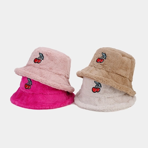 Chapeau Bob En Peluche Broderie Cerise Pour Femme Hiver Chaud Fausse Fourrure Douce Style Doux