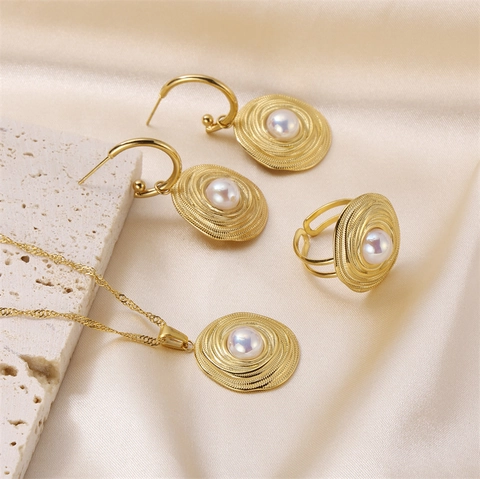 Vintage Gold Plated Jewelry For Women Vortex Swirl Pattern Faux Artificial Pearl Necklace Earrings Ring Lightweight Luxury Style