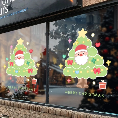 Christmas Window Stickers Static Cling PVC Double Sided Santa Claus Tree Stars Cartoon For Glass Showcase Home Decor