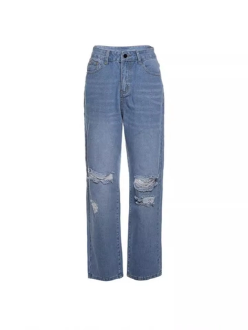 Damen Jeans Hohe Taille Rissen Baumwolle Denim Distressed Straight Wide Leg Streetwear Casual Washed Hose Hellblau