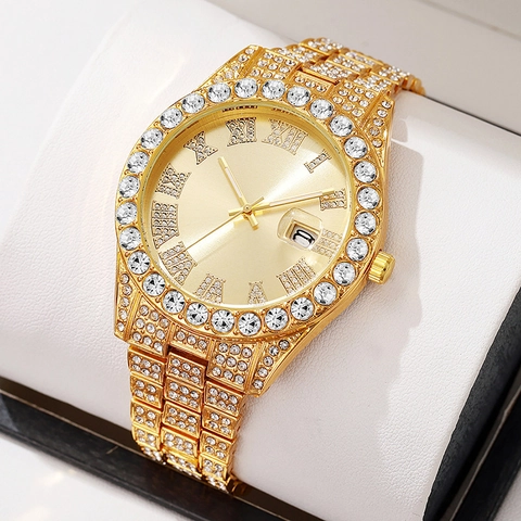 Luxury Men Hiphop Iced Out Quartz Watch With Roman Numerals Rhinestone Metal Wristwatch Fashion Business Jewelry Gift