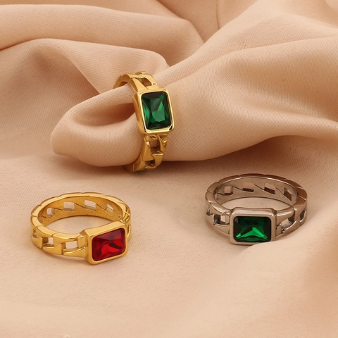 Vintage Ring Met Rechthoekige Zirkoon Titanium Staal 18K Verguld Holle Ketting Band Mode Sieraden Dames