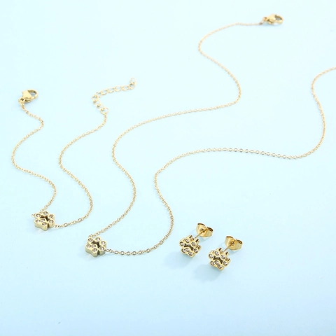 Stainless Steel Cat Paw Jewelry Set Rhinestone Necklace Bracelet Stud Earrings Cute Animal Footprint For Women