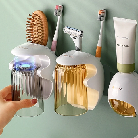 Portaspazzolino Da Parete Con Dispenser Automatico Di Dentifricio Organizzatore Bagno Plastica Senza Foro Bicchieri