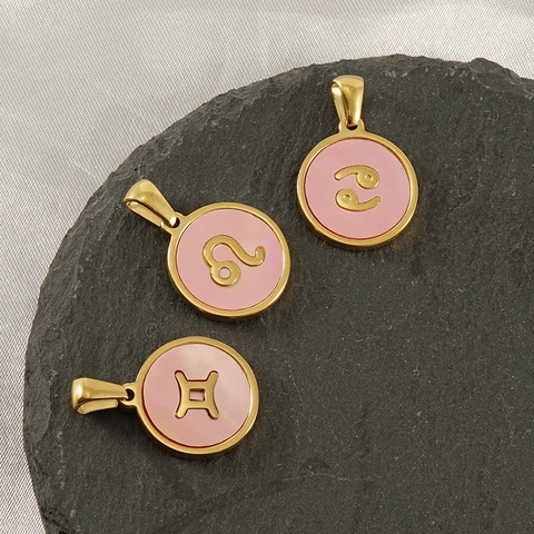 18K Gold Plated Stainless Steel Zodiac Constellation Pendant Necklace Round Pink Shell Mother Of Artificial Pearl Fashion Jewelry