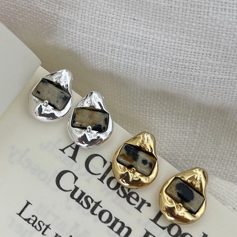 Orecchini A Lobo Texture Lava Irregolare Con Perno In Argento Sterling 925 Pietra Naturale Macchiata Donna Retro