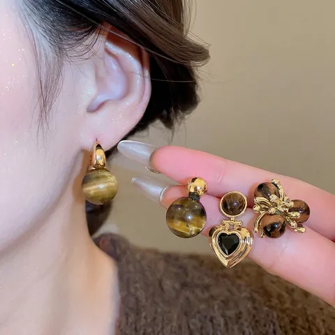 Vintage Tijgeroog Oorbellen Frans Retro Verguld Hart Bloem Studs Met 925 Sterling Zilveren Oorsteker