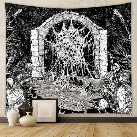 Gothic Wall Tapestry Black And White Skull Cobweb Pattern Polyester Fabric For Bedroom Living Room Dark Art Decor