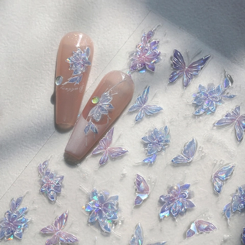 3D Embossed Laser Holographic Aurora Butterfly Flower Adhesive Nail Art Stickers For Manicure Decoration DIY