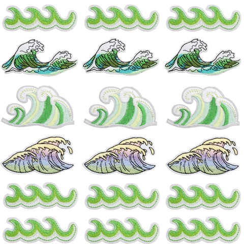 Toppe Ricamate Onde Del Mare Ukiyo-e Poliestere Gradiente Verde Da Stirare Applique Decorative Per Vestiti Borse Fai Da Te