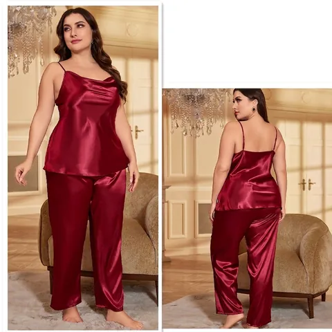 Plus Size Women Pajama Camisole Top And Long Pants Satin Imitation Satin Wine Red Cowl Neck Sleepwear Loungewear