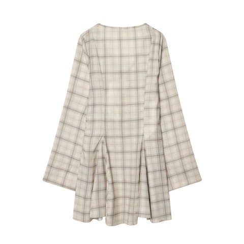Vintage Karo Minikleid Mit V-Ausschnitt Und Langen Trompetenärmeln Hohe Taille A-Linie Rüschensaum Süßer Stil Für Damen