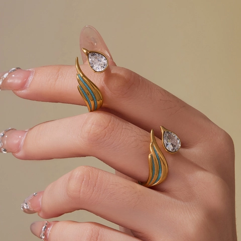 Anello Aperto Con Zircone A Goccia D'Acqua Acciaio Inossidabile Smalto A Goccia Ala Piuma Geometrico Minimalista Regolabile Donna
