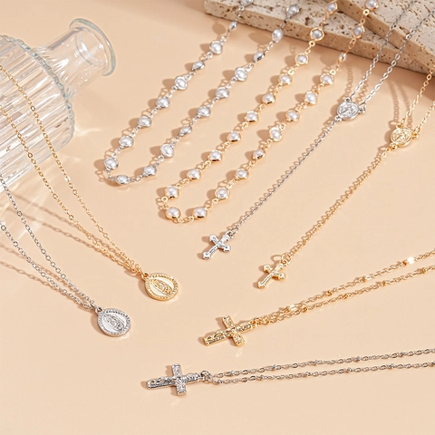 Multi Layer Necklace Set With Faux Artificial Pearl Cross Virgin Mary Medal Pendants Vintage Religious Jewelry For Women