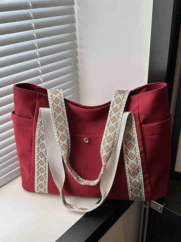 Borsa Tote In Tela Di Grande Capacità Borsa A Spalla Casual Con Tracolla Fantasia Geometrica Tasche Laterali Stile Vintage Per Donna