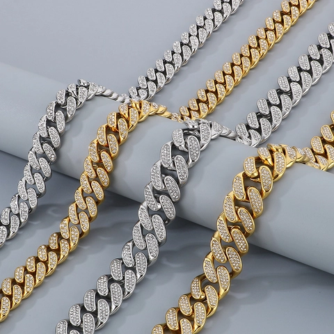 Collar Y Pulsera De Cadena De Eslabones Cubanos Iced Out Hip Hop Para Hombre De Acero Inoxidable Con Brillantes