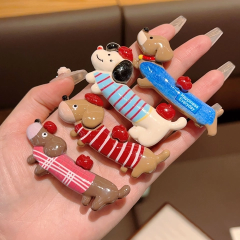 Cute Dachshund Dog Hair Clips Resin Alloy Animal Shape Colorful Stripe Grid Side Bangs Barrettes For Women Girls