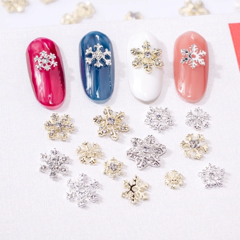 Christmas Nail Art Snowflake Rhinestones Alloy Gold Silver Color DIY Manicure Decorations Winter Holiday Nail Jewelry For Women