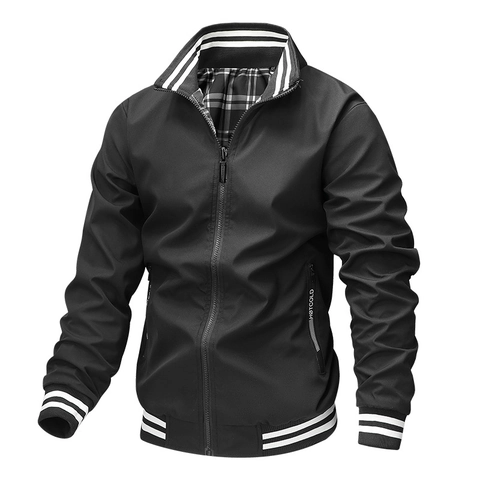 Men's Casual Sport Jacket Stand Collar Windproof Outerwear With Striped Ribbing Checkered Lining Spring Autumn Fashion Top