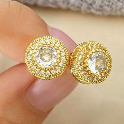 Round Halo Stud Earrings Copper AAA Cubic Zirconia Inlaid 18K Gold Plated Milgrain Edge Classic Jewelry For Women