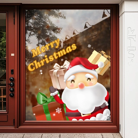 Christmas Window Static Cling PVC Glue Free Double Sided Santa Claus Gift Boxes Snowflakes For Glass Door Decorations