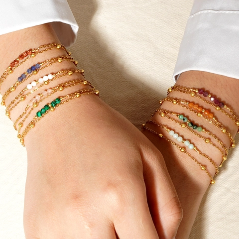Layered Bracelet 18K Gold Plated Semi Precious Stones Faceted Beads Adjustable Elegant Jewelry For Women