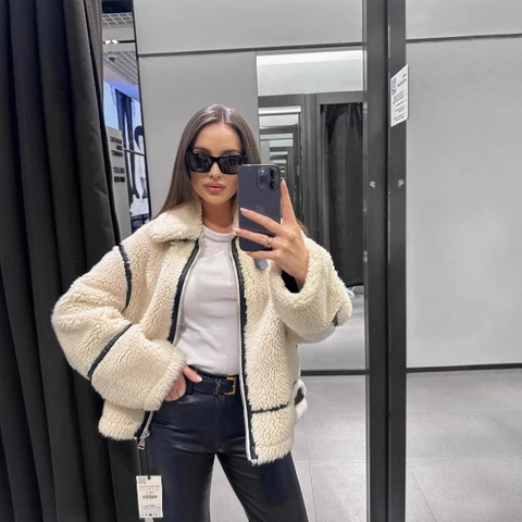 Chaqueta Biker De Piel Sintética Para Mujer Empalme Cuero PU Cremallera Solapa Abrigo Grueso Invierno Casual