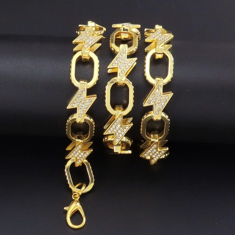 Collana E Bracciale A Maglia A Forma Di Fulmine Lega Strass Hip Hop Catena Cubana Gioielli Uomini Donne