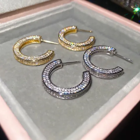 Glänzende Zirkon C-Hoop Ohrringe Mit 925 Sterling Silber Ohrstecker Luxus Französisch Stil Kupfer Schmuck Für Damen