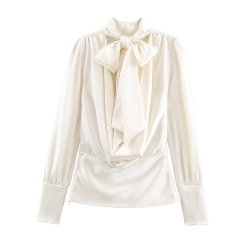 Damen Satin Bluse Langarm Stehkragen Schluppe Rückenfrei Elegant Tailliert Oberteil